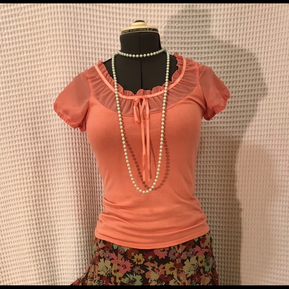 Sweet Coral French style silk knit shirring top